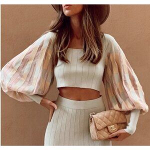 ZARA Pastel Balloon Sleeve Square Neck Knit Cropped Top Fairy Boho Romantic Sz S